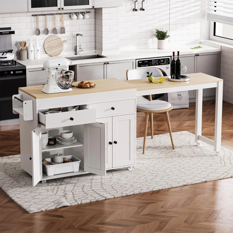 Chic Rolling Kitchen Island with Extendable Dining Table, Space-Saving Storage Cart with 4 Doors and 2 Drawers, 74.5" L x 19.5" W x 36" H, Off White