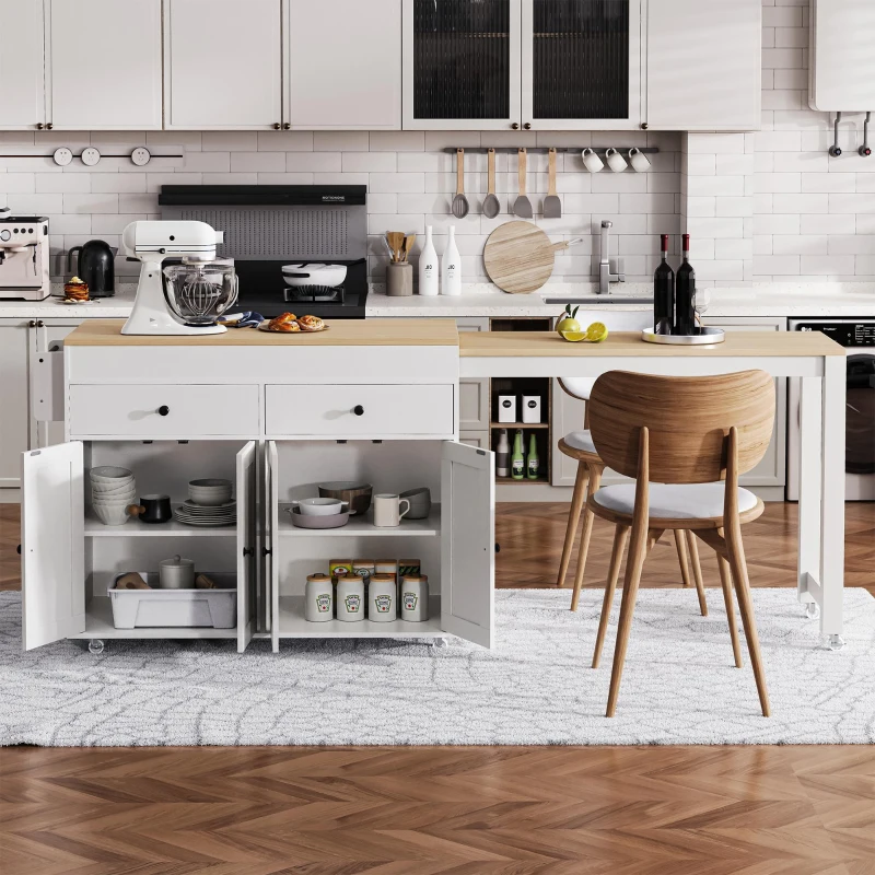 Chic Rolling Kitchen Island with Extendable Dining Table, Space-Saving Storage Cart with 4 Doors and 2 Drawers, 74.5" L x 19.5" W x 36" H, Off White