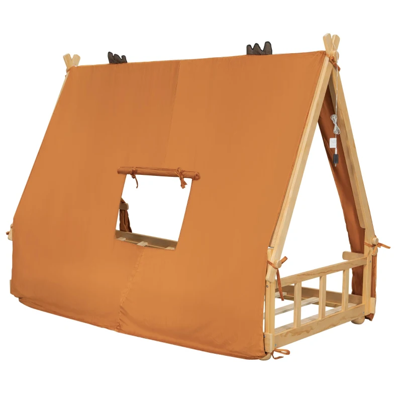 Whimsical Twin House Bed with Detachable Tent and Skylight, Sturdy Kids Wooden Platform Bed with 8 Slats, 79.5" L x 41" W x 63" H, Brown