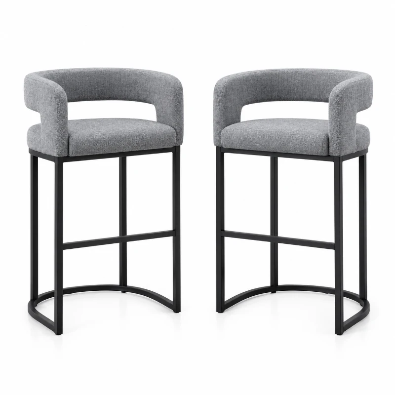 Soft Set of 2 Counter-Height Bar Stools with Chenille, Ergonomic Kitchen Chairs with Metal Legs and Footrests, 22'' L x 20" W x 36" H, Light Grey