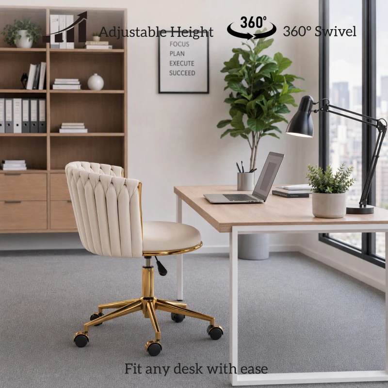 HOMCOM Office Chair, Office chair with Woven Back, Adjustable Height, Rolling Wheels, Cream White