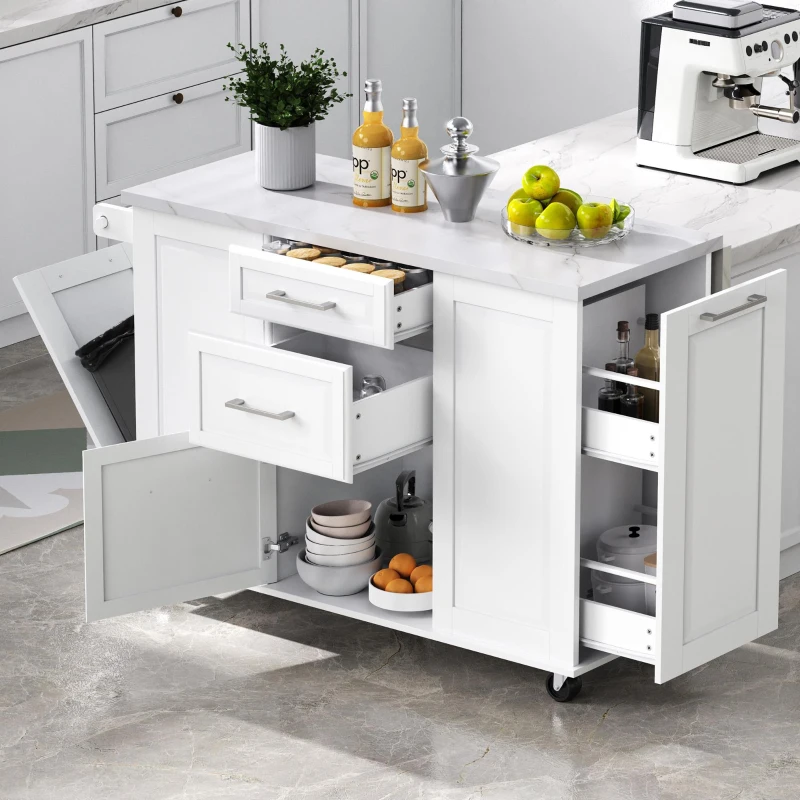 Vintage Rolling Kitchen Island with Drop-Leaf Countertop, Multifunctional Storage Cart with Tilt-Out Trash Bin, 50.5" L x 26.5" W x 35.5" H, White