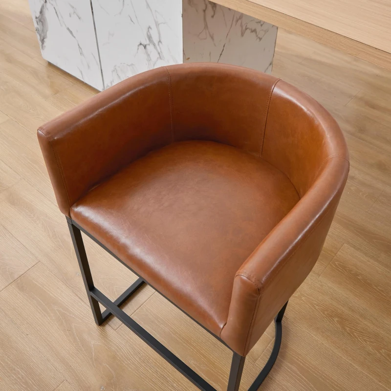 Elegant Set of 2 Counter-Height Bar Stools with PU Leather, Comfortable Kitchen Chairs with Armrests and Footrests, 22'' L x 20" W x 36" H, Brown