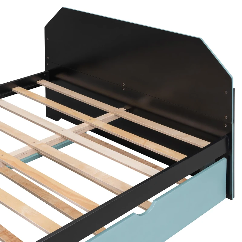 Sleek Full-Size Daybed with Twin Trundle and Desk, Modern Gaming Bed with USB Port and Cable Management, 92" L x 58" W x 35.5" H, Blue
