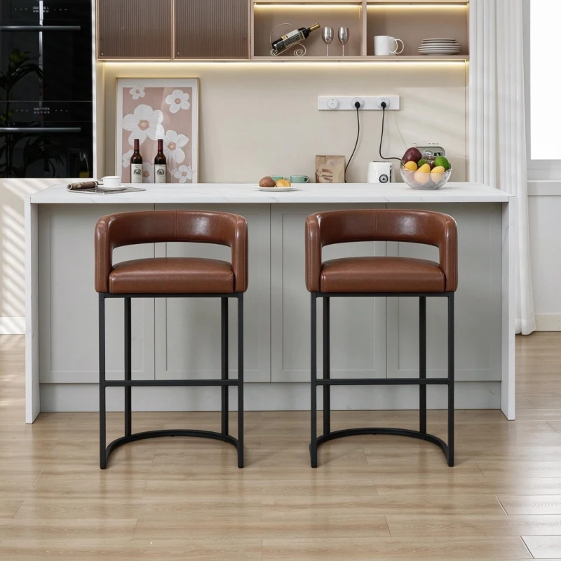 Modern Set of 2 Bar Stools with PU Leather and Curved Backrests, Counter-Height Kitchen Chairs with Metal Legs, 22" L x 21" W x 36" H, Brown