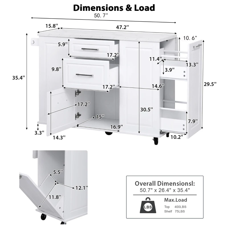Vintage Rolling Kitchen Island with Drop-Leaf Countertop, Multifunctional Storage Cart with Tilt-Out Trash Bin, 50.5" L x 26.5" W x 35.5" H, White