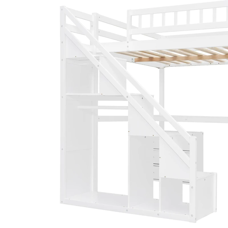 Chic Full-Size Loft Bed with Desk and LED Light, Space-Saving Storage Bed with 2 Drawers and Side Stairs, 79" L x 74.5" W x 68" H, White