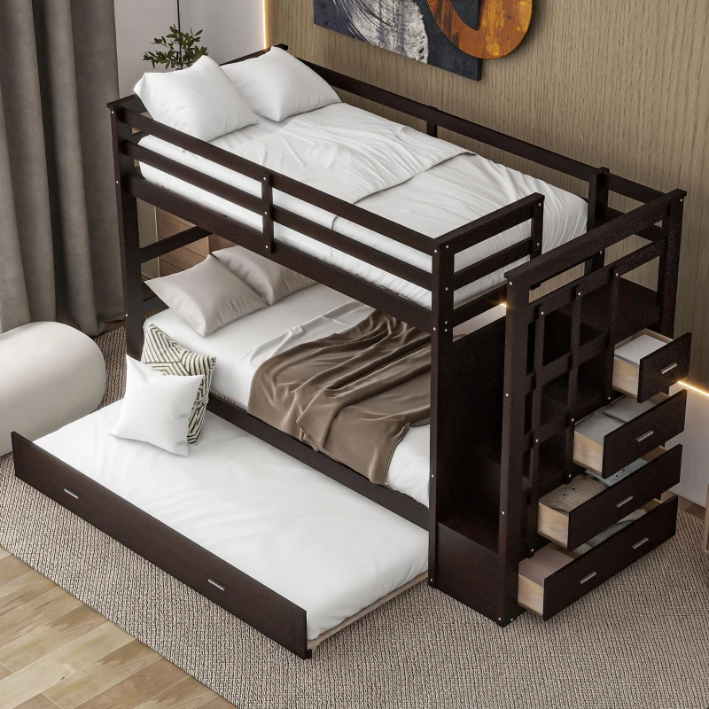 Elegant Twin-over-Twin Bunk Bed with Trundle and 4 Storage Drawers, Sturdy Bed with Staircase and Slat Kit, 97" L x 42.5" W x 65.5" H, Espresso