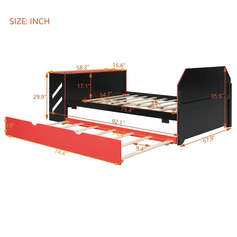 Sleek Full-Size Daybed with Twin Trundle and Desk, Modern Gaming Bed with USB Port and Cable Management, 92" L x 58" W x 35.5" H, Red