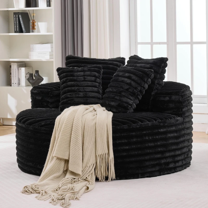 Plush Oversized Round Lounge Chair with Segmented Backrest, Velour Sofa with 4 Pillows and No Assembly, 54.5'' L x 54.5" W x 33" H, Black