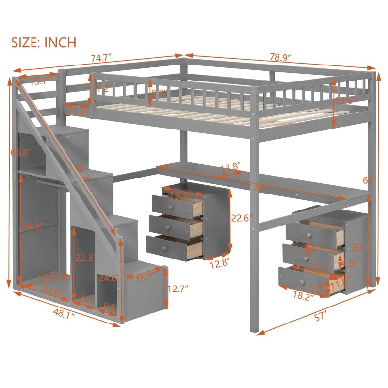 Elegant Full-Size Loft Bed with Desk and 2 Drawers, Chic Storage Bed with Side Staircase and LED Light, 79" L x 74.5" W x 68" H, Gray