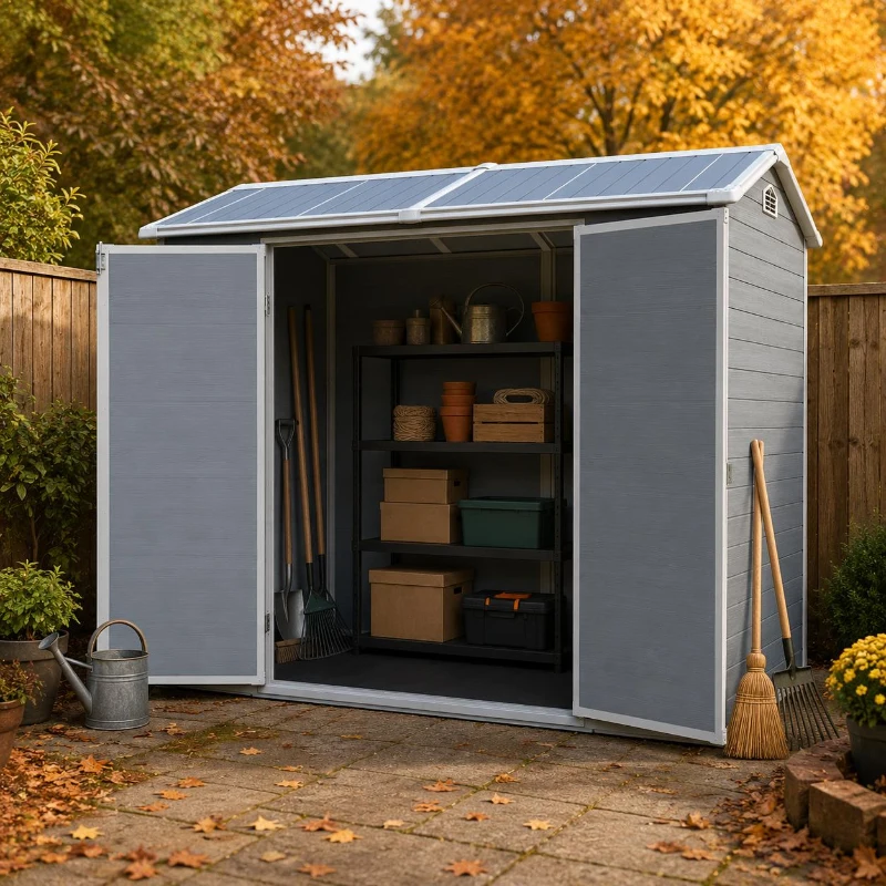 Slim Resin Storage Shed with Padlockable Double Doors and Air Vents, Durable Garden Shed for Backyard, 95.5" L x 52.5" W x 81" H, Grey