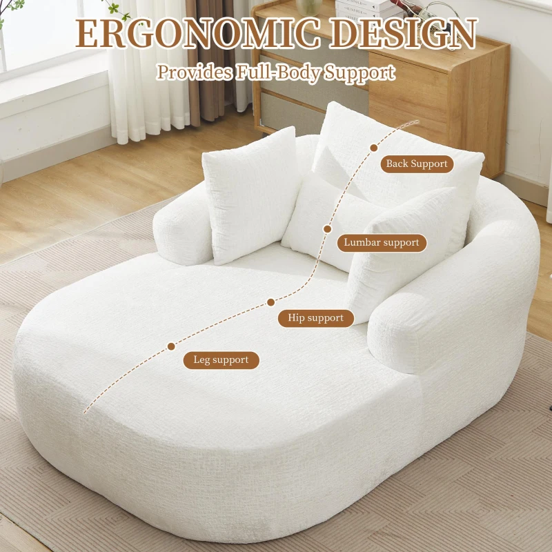 Plush Oversized Chaise Lounge with Deep Seat and Pillows, Versatile Sleeper Sofa with Corduroy and Armrests, 57.5'' L x 51.5" W x 32" H, White