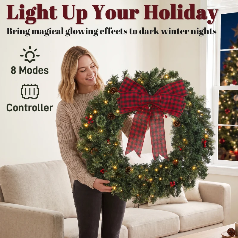 HOMCOM 36" Prelit Crestwood Spruce Artificial Christmas Wreath, Christmas Decor with Bow, 8 Modes, Red Berries, Pinecones