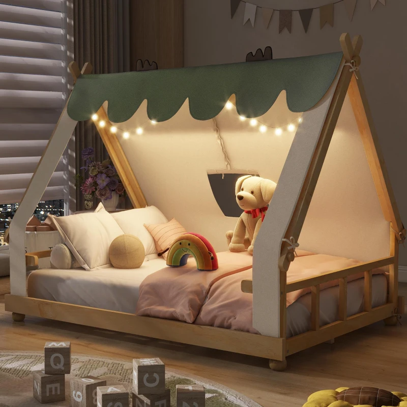Modern Full-Size House Bed with Detachabl Tent, Sturdy Wooden Platform Bed with Skylight and 8 Slats, 79.5" L x 57.5" W x 63" H, White