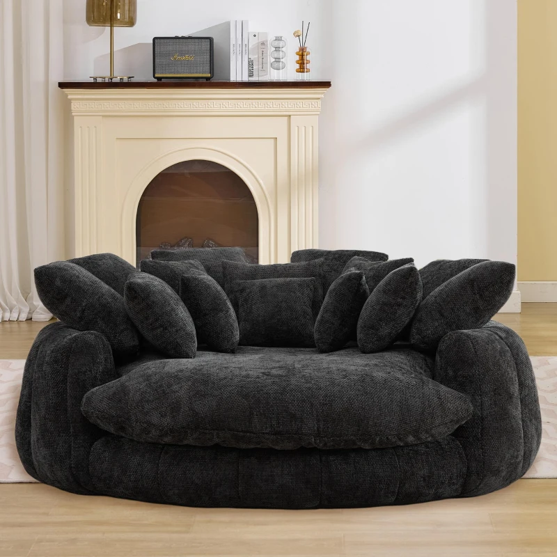 Sleek Bean Bag Sofa with Chenille Upholstery and 14 Pillows, Relaxing Chaise Lounge for Living Room Bedroom, 71.5'' L x 65.5"W x 30.5" H, Black