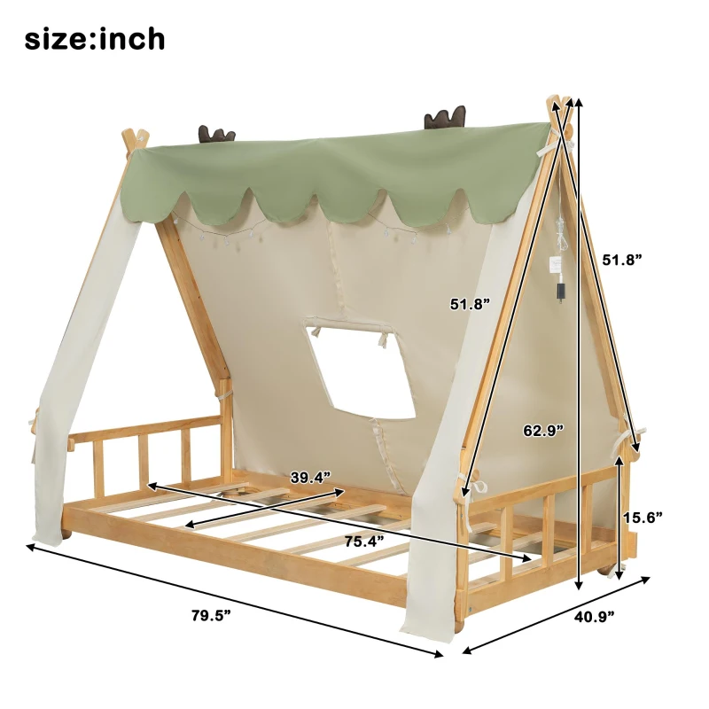 Whimsical Twin House Bed with Detachable Tent and Skylight, Sturdy Kids Wooden Platform Bed with 8 Slats, 79.5" L x 41" W x 63" H, White