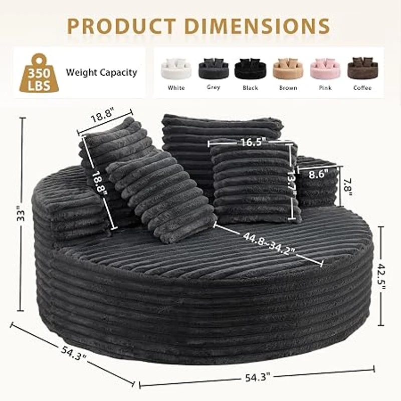 Plush Oversized Round Lounge Chair with Segmented Backrest, Velour Sofa with 4 Pillows and No Assembly, 54.5'' L x 54.5" W x 33" H, Grey