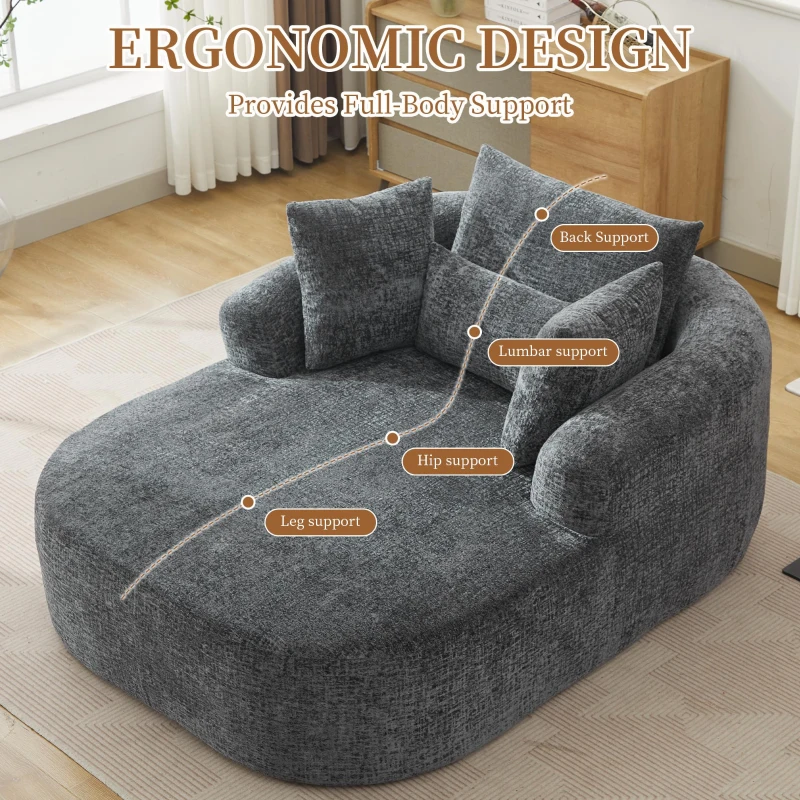 Plush Oversized Chaise Lounge with Deep Seat and Pillows, Versatile Sleeper Sofa with Corduroy and Armrests, 57.5'' L x 51.5" W x 32" H, Grey