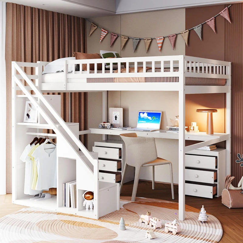 Chic Full-Size Loft Bed with Desk and LED Light, Space-Saving Storage Bed with 2 Drawers and Side Stairs, 79" L x 74.5" W x 68" H, White