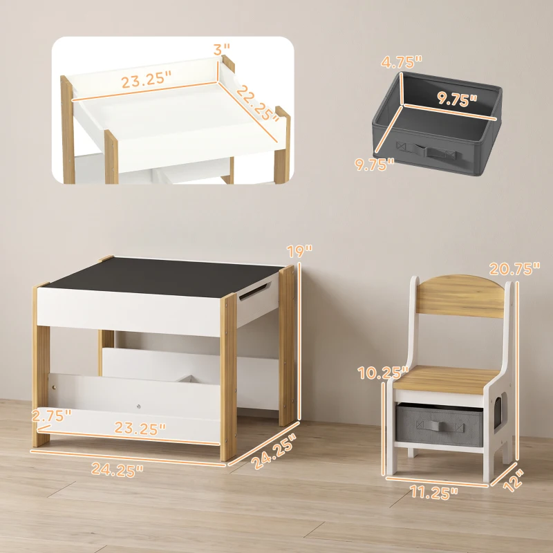 Qaba 3pc Kids Table and Chair Set with Reversible Tabletop Blackboard, Storage & Bookshelves, Natural