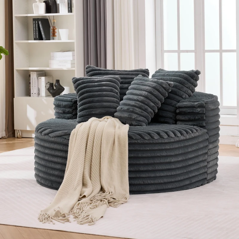 Plush Oversized Round Lounge Chair with Segmented Backrest, Velour Sofa with 4 Pillows and No Assembly, 54.5'' L x 54.5" W x 33" H, Grey