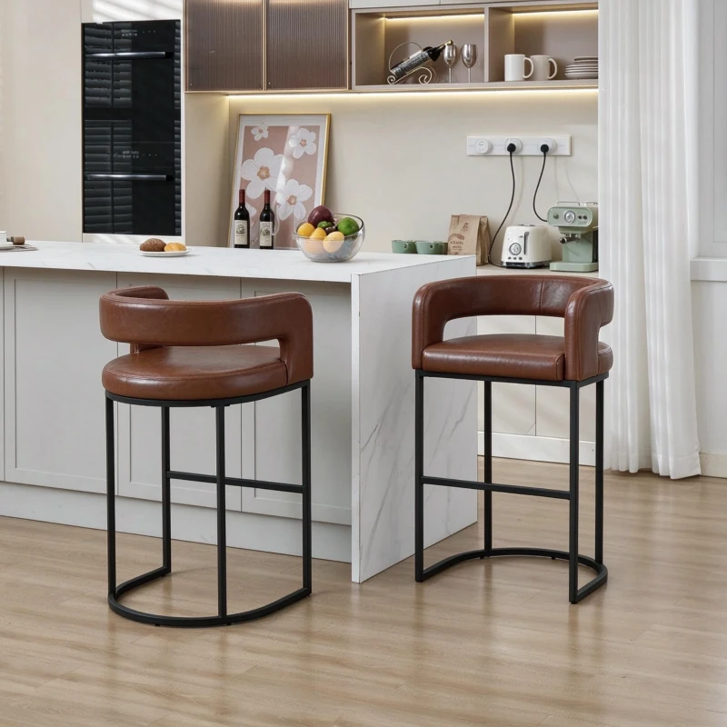 Modern Set of 2 Bar Stools with PU Leather and Curved Backrests, Counter-Height Kitchen Chairs with Metal Legs, 22" L x 21" W x 36" H, Brown