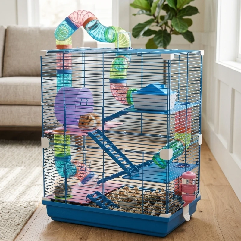 PawHut 5 Tiers Hamster Cage Portable Animal Travel Carrier w/ Exercise Wheels Tube, Blue