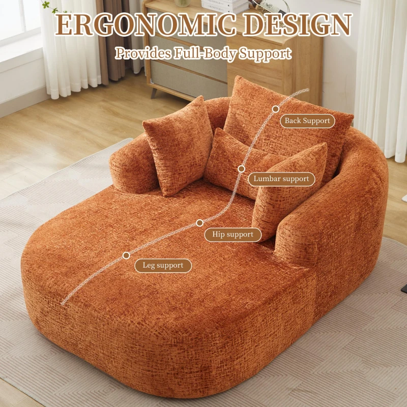 Plush Oversized Chaise Lounge with Deep Seat and Pillows, Versatile Sleeper Sofa with Corduroy and Armrests, 57.5'' L x 51.5" W x 32" H, Orange