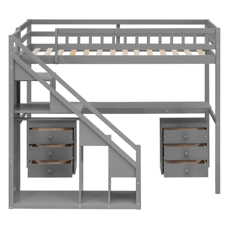 Modern Twin Loft Bed with Desk and Side Staircase, Space-Saving Storage Bed with 2 Drawers and LED Light, 79" L x 59.5" W x 68" H, Gray