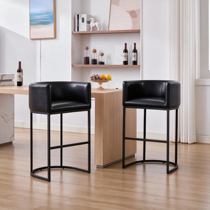 Elegant Set of 2 Counter-Height Bar Stools with PU Leather, Comfortable Kitchen Chairs with Armrests and Footrests, 22'' L x 20" W x 36" H, Black