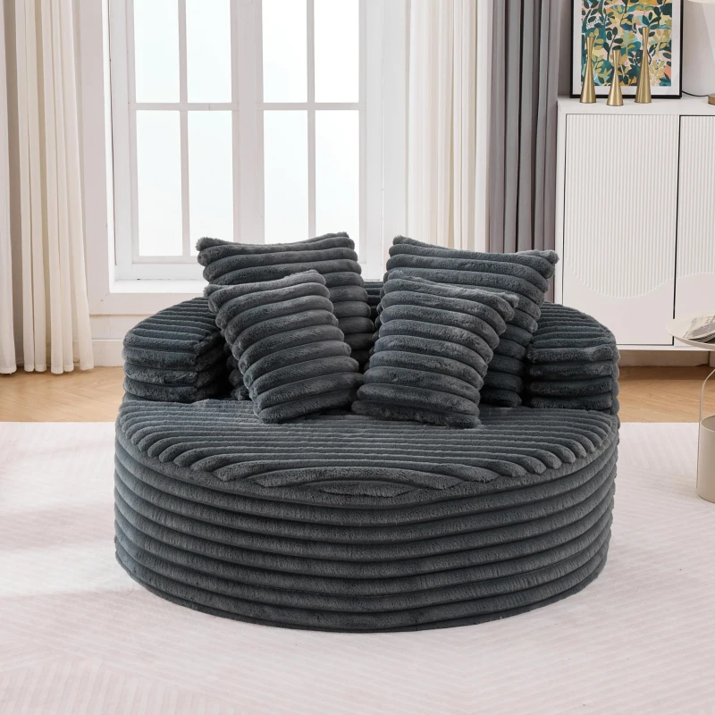 Plush Oversized Round Lounge Chair with Segmented Backrest, Velour Sofa with 4 Pillows and No Assembly, 54.5'' L x 54.5" W x 33" H, Grey