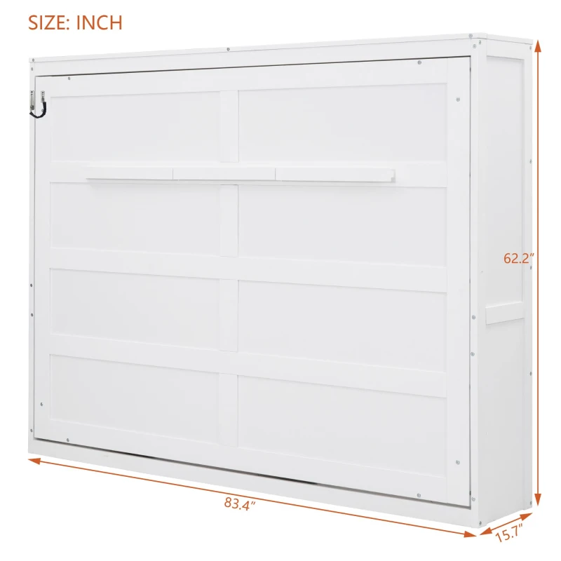 Chic Full-Size Murphy Wall Bed with Dual-Piston Mechanism, Modern Folding Cabinet Bed for Guest Room, 77.5" L x 61.5" W x 62" H, White