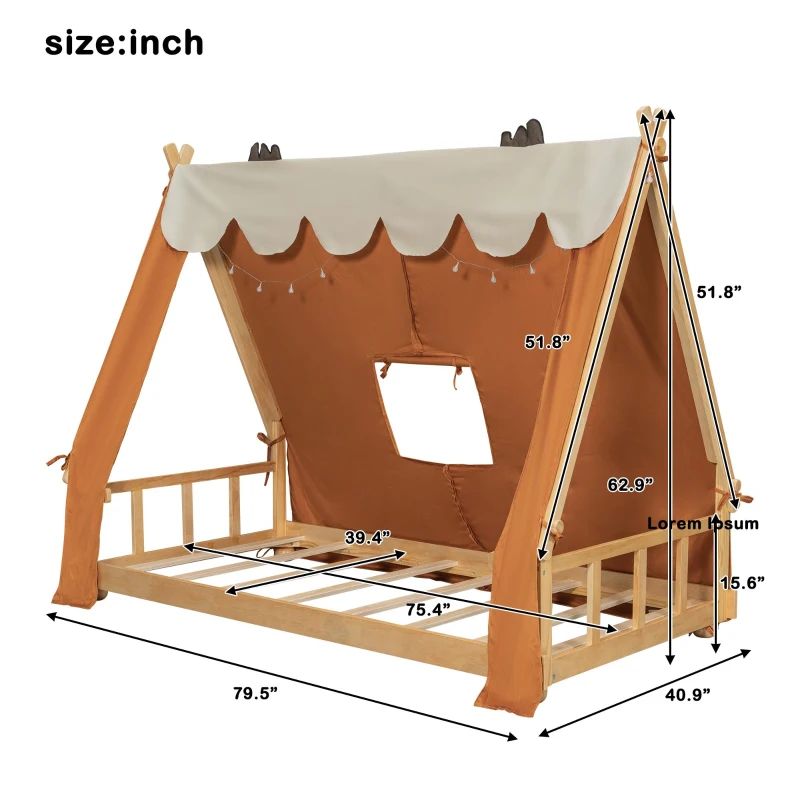 Whimsical Twin House Bed with Detachable Tent and Skylight, Sturdy Kids Wooden Platform Bed with 8 Slats, 79.5" L x 41" W x 63" H, Brown