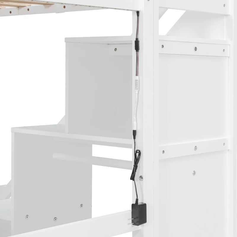 Chic Twin Loft Bed with Desk and 7-Color LED Lights, Space-Saving Storage Bed with 2 Drawers and Stairs, 79" L x 59.5" W x 68" H, White