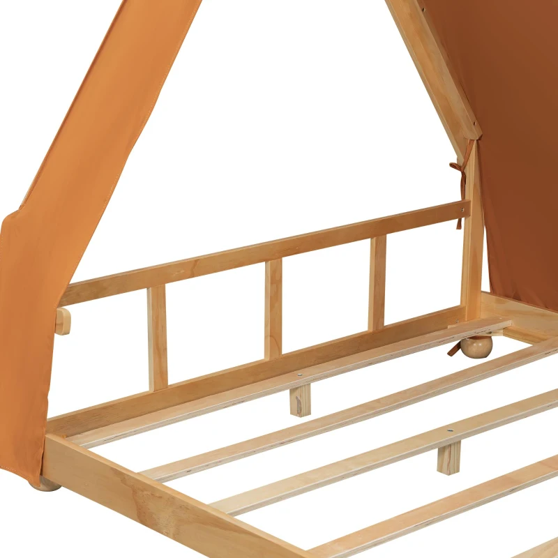 Modern Full-Size House Bed with Detachabl Tent, Sturdy Wooden Platform Bed with Skylight and 8 Slats, 79.5" L x 57.5" W x 63" H, Brown