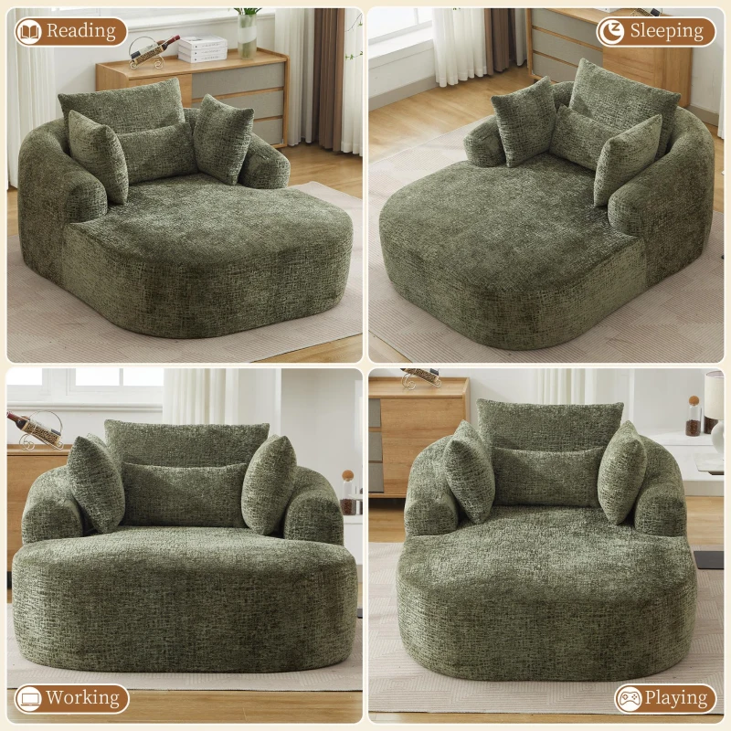 Plush Oversized Chaise Lounge with Deep Seat and Pillows, Versatile Sleeper Sofa with Corduroy and Armrests, 57.5'' L x 51.5" W x 32" H, Green