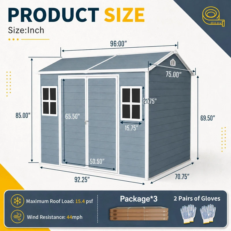 Resin Outdoor Storage Shed with Two Air Vents and Built-In Floor, Durable Garden Shed for Patio and Backyard, 96" L x 75" W x 85" H, Grey