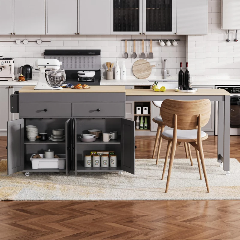 Chic Rolling Kitchen Island with Extendable Dining Table, Space-Saving Storage Cart with 4 Doors and 2 Drawers, 74.5" L x 19.5" W x 36" H, Grey