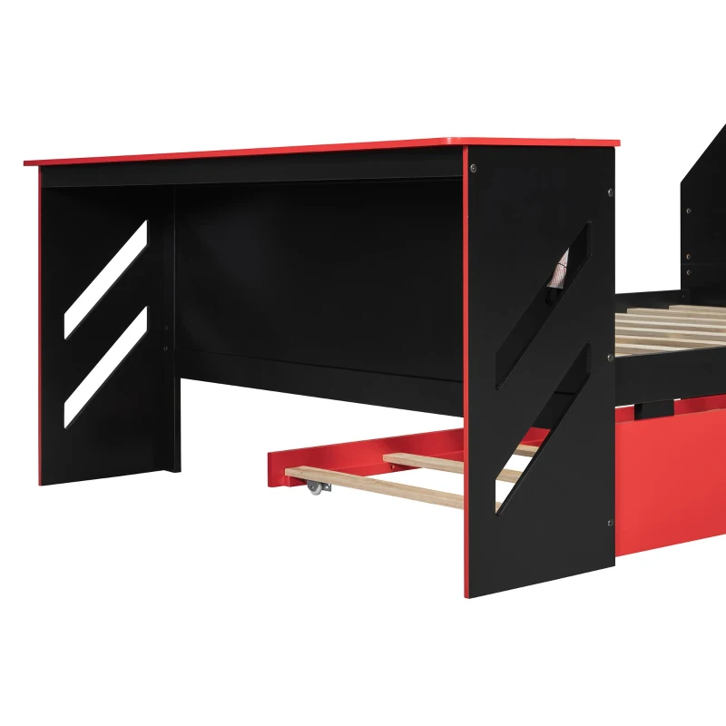 Sleek Full-Size Daybed with Twin Trundle and Desk, Modern Gaming Bed with USB Port and Cable Management, 92" L x 58" W x 35.5" H, Red