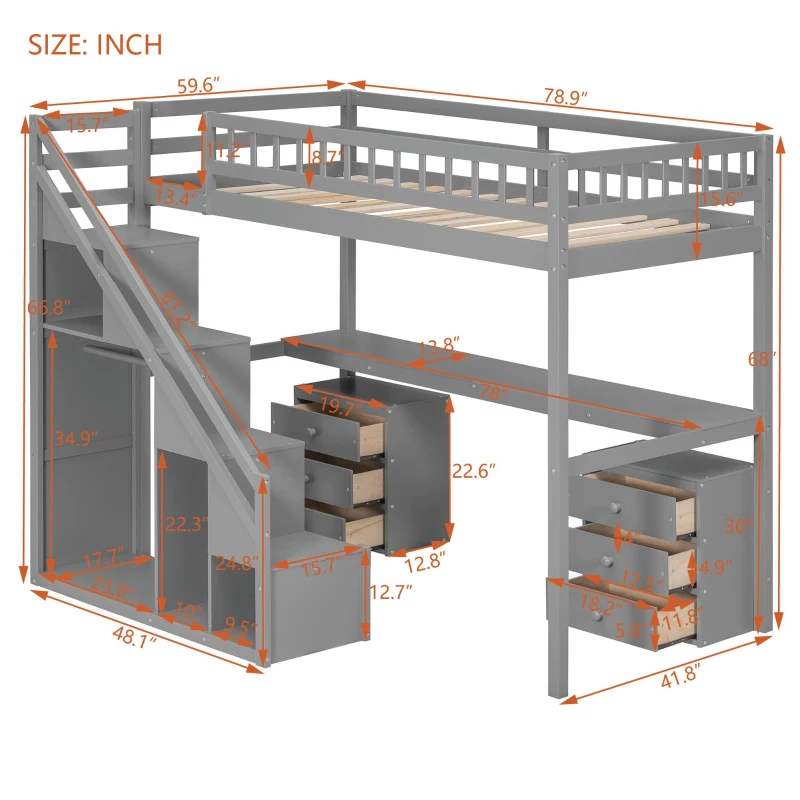 Modern Twin Loft Bed with Desk and Side Staircase, Space-Saving Storage Bed with 2 Drawers and LED Light, 79" L x 59.5" W x 68" H, Gray
