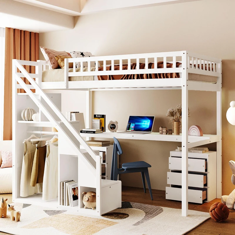 Chic Twin Loft Bed with Desk and 7-Color LED Lights, Space-Saving Storage Bed with 2 Drawers and Stairs, 79" L x 59.5" W x 68" H, White