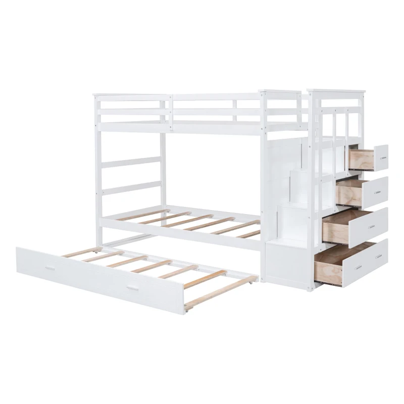 Elegant Twin-over-Twin Bunk Bed with Trundle and 4 Storage Drawers, Sturdy Pine Bed with Staircase and Slats, 97" L x 42.5" W x 65.5" H, White