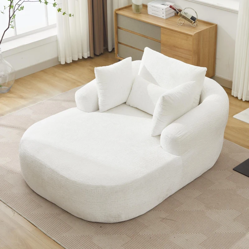 Plush Oversized Chaise Lounge with Deep Seat and Pillows, Versatile Sleeper Sofa with Corduroy and Armrests, 57.5'' L x 51.5" W x 32" H, White