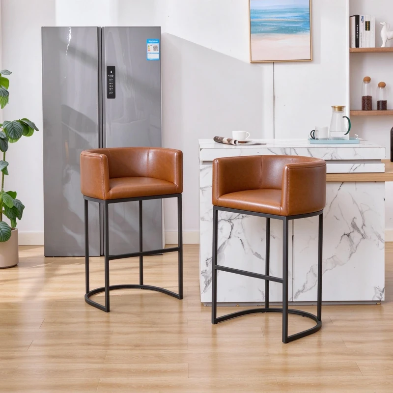 Elegant Set of 2 Counter-Height Bar Stools with PU Leather, Comfortable Kitchen Chairs with Armrests and Footrests, 22'' L x 20" W x 36" H, Brown