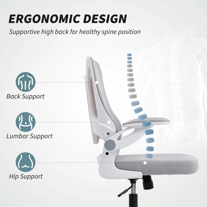 HOMCOM Ergonomic Office Chair, Swivel Desk Chair with Adjustable Lumbar Support and Height, Flip-up Armrests, Wheels, Grey