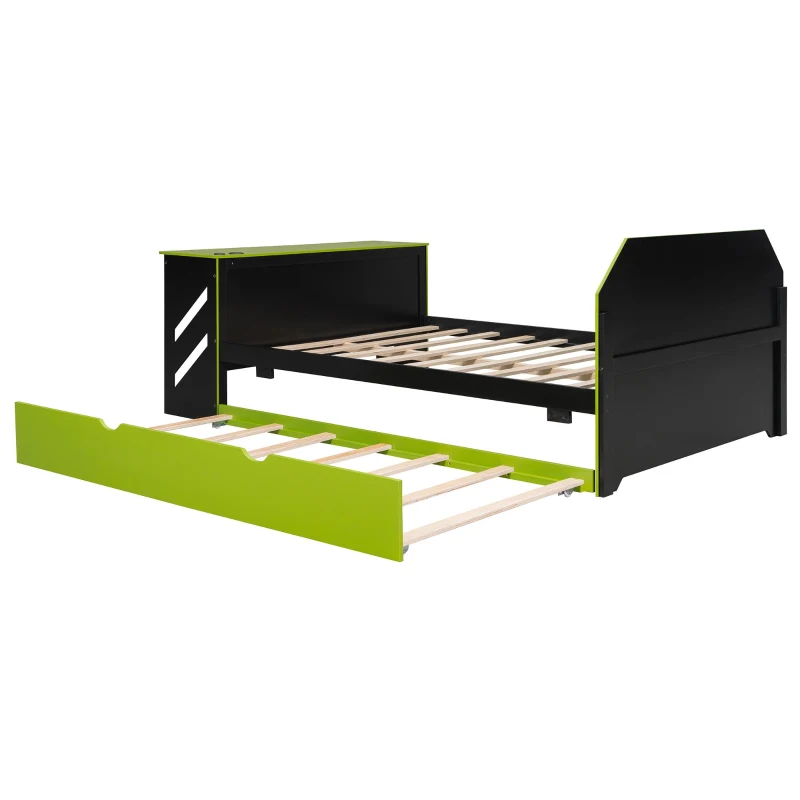Chic Full-Size Wooden Daybed with Twin Trundle and Desk, Sturdy Bed with USB Port and Cable Management, 92" L x 58" W x 35.5" H, Green