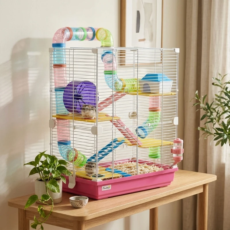 PawHut 5 Tiers Hamster Cage Portable Animal Travel Carrier w/ Exercise Wheels Tube, Pink