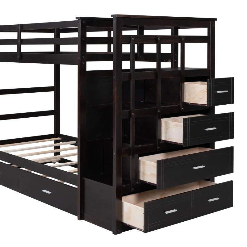 Elegant Twin-over-Twin Bunk Bed with Trundle and 4 Storage Drawers, Sturdy Bed with Staircase and Slat Kit, 97" L x 42.5" W x 65.5" H, Espresso