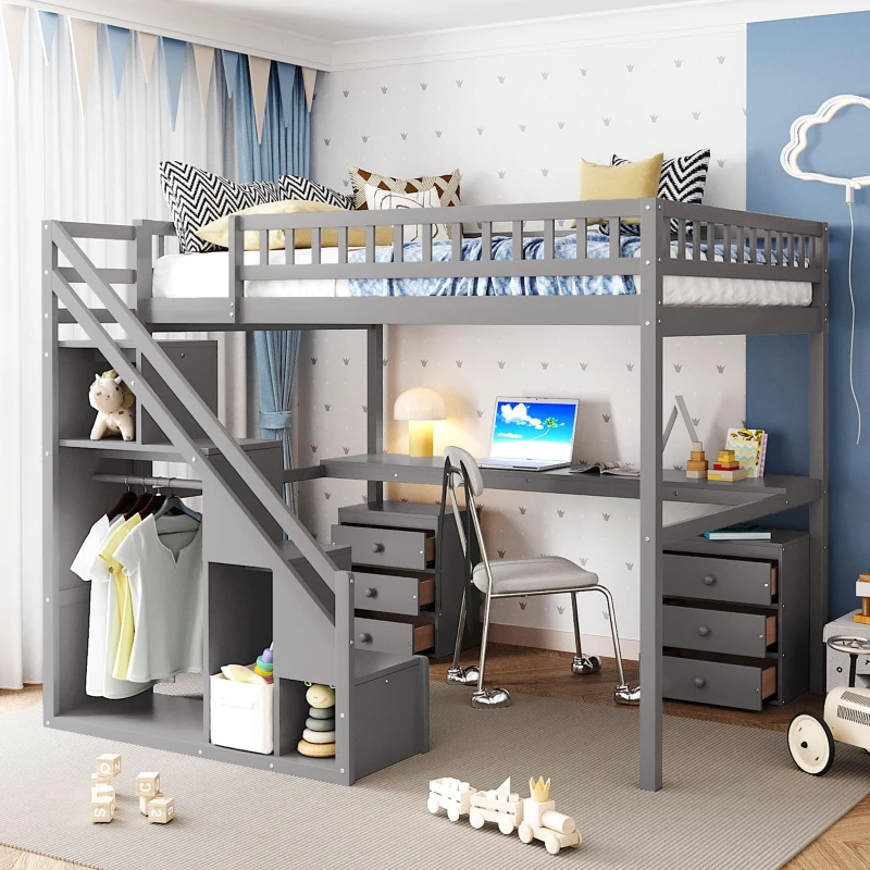 Elegant Full-Size Loft Bed with Desk and 2 Drawers, Chic Storage Bed with Side Staircase and LED Light, 79" L x 74.5" W x 68" H, Gray
